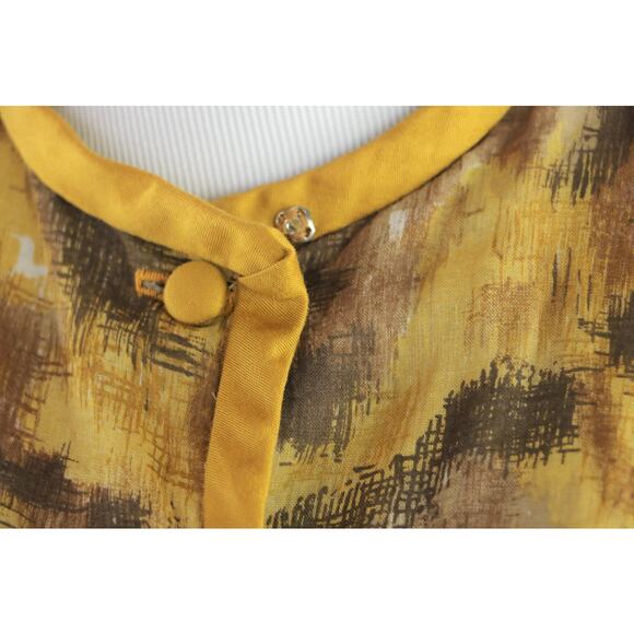 1960s Mustard Yellow and Brown Printed Cotton Day Dress Small - Picture 4 of 9